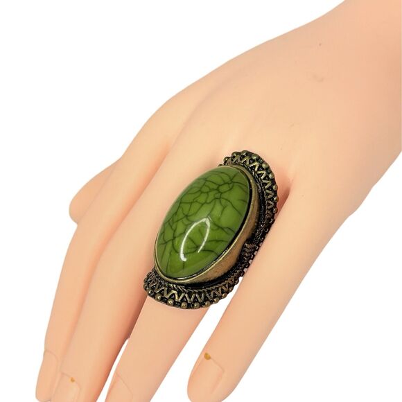 Green Glass Full Finger Brass Ring 6.5 Bohemian Ethnic Boho Chic - Picture 5 of 16